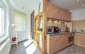 eine Küche mit Holzschränken und einer Holztür in der Unterkunft Beautiful Apartment In Zella-mehlis With Wifi in Zella-Mehlis