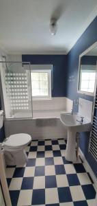 Kent的住宿－Beautiful 1 bedroom cottage with courtyard.，蓝色和白色的浴室设有卫生间和水槽