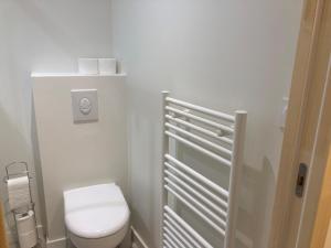 a white bathroom with a toilet and towels on the wall at La Maison du Cocher - Studio climatisé en Hypercentre in Angers