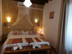 ein Schlafzimmer mit einem großen Bett mit Kissen darauf in der Unterkunft Apartamentos El Patio Andaluz in Jerez de la Frontera