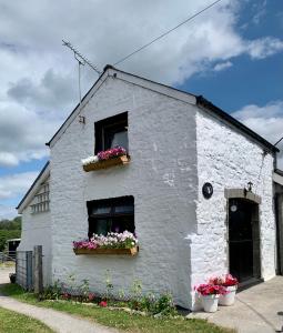 a white building with flowers on the side of it at Old Nursery in Coity
