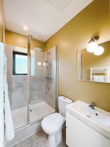 a bathroom with a shower and a toilet and a sink at La Parenthèse, joli studio avec terrasse in Valeuil