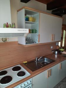 a small kitchen with a sink and a stove at Pocitniska hisa na Pohorju in Pohorje