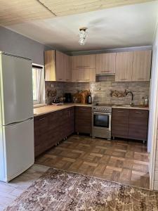 - une cuisine avec des placards en bois et un réfrigérateur blanc dans l'établissement На Березові, à Krivorovnya