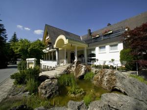 una casa con un estanque delante de ella en Urlaubs- und Wellnesshotel Friederike, en Willingen