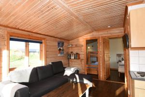 sala de estar con sofá negro y paredes de madera en Rural holiday home on Gotland en Stånga