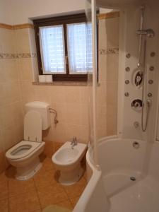 a bathroom with a toilet and a tub and a sink at Turistična kmetija Birsa in Dobravlje