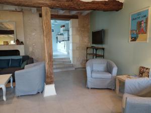 a living room with couches and chairs and a television at AUX BRIQUES ROUGES Au pied du château et à 4 km du zoo de Beauval in Saint-Aignan