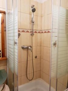 y baño con ducha con cabezal de ducha. en Rávágy Apartman, en Kecskemét