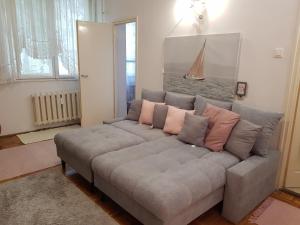sala de estar con sofá gris y almohadas rosas en Rávágy Apartman, en Kecskemét