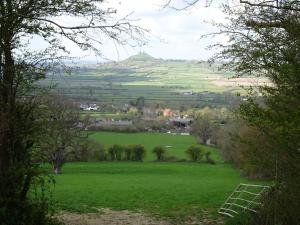 a view of a green field with a hill in the distance at The Lazy Shepherd in East Pennard