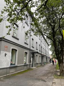 a building on a street next to a tree at RÜÜTLI City Center Apartment in Pärnu