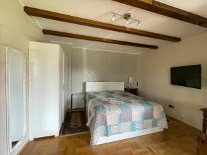 Schlafzimmer mit einem Bett und einem Flachbild-TV in der Unterkunft Ferienwohnung Eva in Mureck