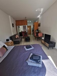 Un dormitorio con una cama y una sala de estar. en Flat111-Adults only, en Limassol