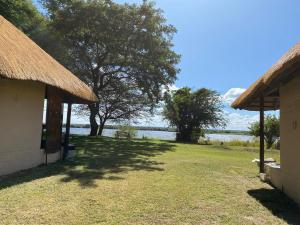 a house with a grass roof next to a body of water at Big 5 Toro Lodge in Kasane