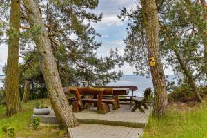 Neringa的住宿－Vila Nendrė，一张野餐桌,享有水景