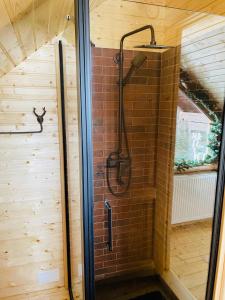 a shower in a room with a brick wall at Casa Renilor in Azuga +48 photos