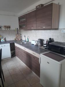 a kitchen with wooden cabinets and a sink and a microwave at Opál Apartman in Nyíregyháza