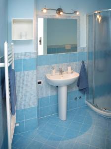 オルヴィエートにあるAppartamenti Pistrellaの青いタイル張りのバスルーム(シンク、シャワー付)