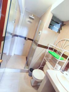 een badkamer met een douche, een toilet en een wastafel bij Zona Sur - Lindo Monoambiente en la Meseta de Achumani - URBEANDINA in La Paz