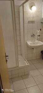 een badkamer met een douche en een wastafel bij Salatín in Ružomberok