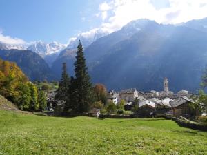 a village in a field with mountains in the background at Hotel Palazzo Salis in Soglio