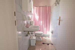 a bathroom with a pink shower curtain and a toilet at Natasa in Chrani