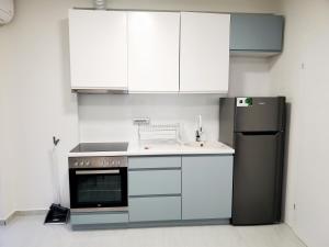 a kitchen with white cabinets and a black refrigerator at Villa Koki in Ohrid