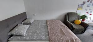uma cama num quarto com uma cadeira e uma cama sidx sidx em Dzīvoklis 17 em Rūjiena