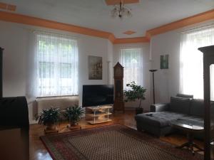 a living room with a couch and a tv at Apartmán Kraslice in Kraslice