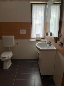 a bathroom with a toilet and a sink and a window at Pensiunea Funivia in Săcele +31 photos