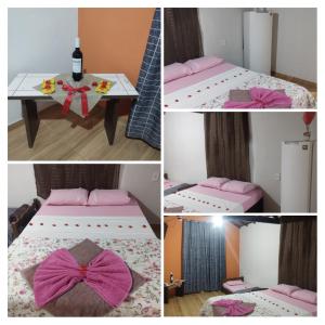 a collage of four pictures of a bed and a table at Pesque e Sorte Escondidinho in Santana do Riacho