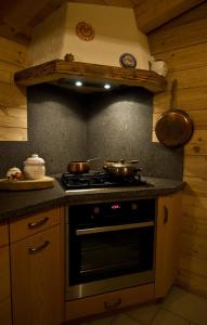 a kitchen with a stove with two pots and pans at Chalet Bait del Papi in Madonna di Campiglio