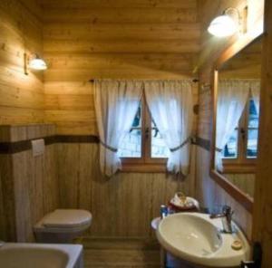 a bathroom with a sink and a toilet and a window at Chalet Bait del Papi in Madonna di Campiglio