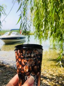 a person holding a coffee cup in front of a boat at Sunrise Beach - Lake View Deluxe Apartment in Peštani