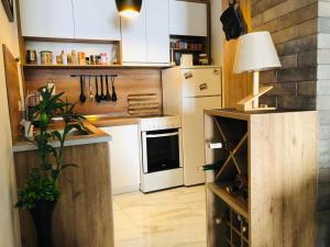a kitchen with white cabinets and a white refrigerator at Sunrise Beach - Lake View Deluxe Apartment in Peštani