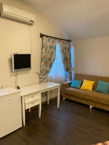 ein Wohnzimmer mit einem Sofa und einem TV in der Unterkunft Serenity Bungalow Çamyuva in Ağva