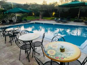 a patio with tables and chairs next to a swimming pool at Casa Vacanze Il Cenito in Castellabate