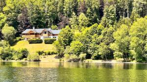 ein Haus auf einem Hügel neben einem See in der Unterkunft Villa Frischmuth am See in Altaussee