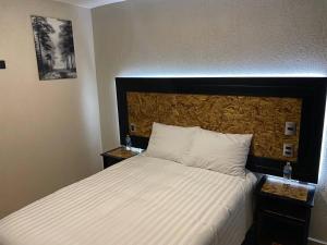 ein Schlafzimmer mit einem großen Bett mit weißer Bettwäsche in der Unterkunft Hotel Central Pirámides in San Martín de las Pirámides