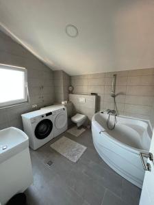 a bathroom with a washing machine and a toilet at Villa Mahala in Sarajevo