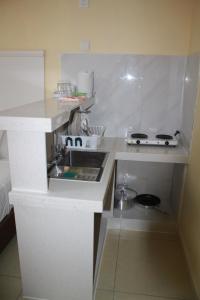 维拉港Central Bay Motel的一个小厨房，里面有水槽和炉灶。