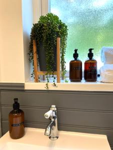 a sink with three bottles of soap on a window sill at Bellevue Apartment in Largs