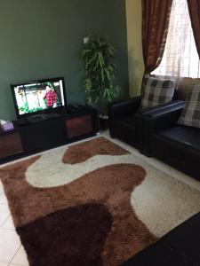 a living room with a rug in front of a tv at Guesthouse Adam in Pengkalan Cepa