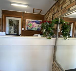 a lobby with a counter with plants on it at Centrepoint Midcity Motor Inn in Warwick +52 photos