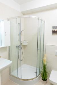 a bathroom with a shower with a glass door at SWEET HOME Apartman, 30sqm studio, free private parking, mountain view, balcony, 20 min from downtown in Budapest