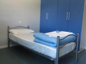 a bed with blue cabinets and blue pillows on it at Ostello La Mine in Cogne