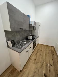 a kitchen with a sink and a wooden floor at City Appartment 1 in Vienna