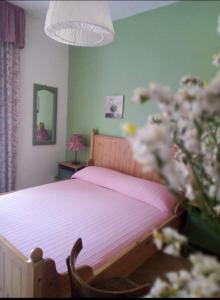 マルティンシクーロにあるB&B il Country e il Mareのベッドルーム1室(ピンクのシーツと植物付)