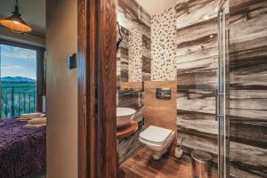 a bathroom with a wooden wall with a toilet in it at Pod Gontem in Bukowina Tatrzańska